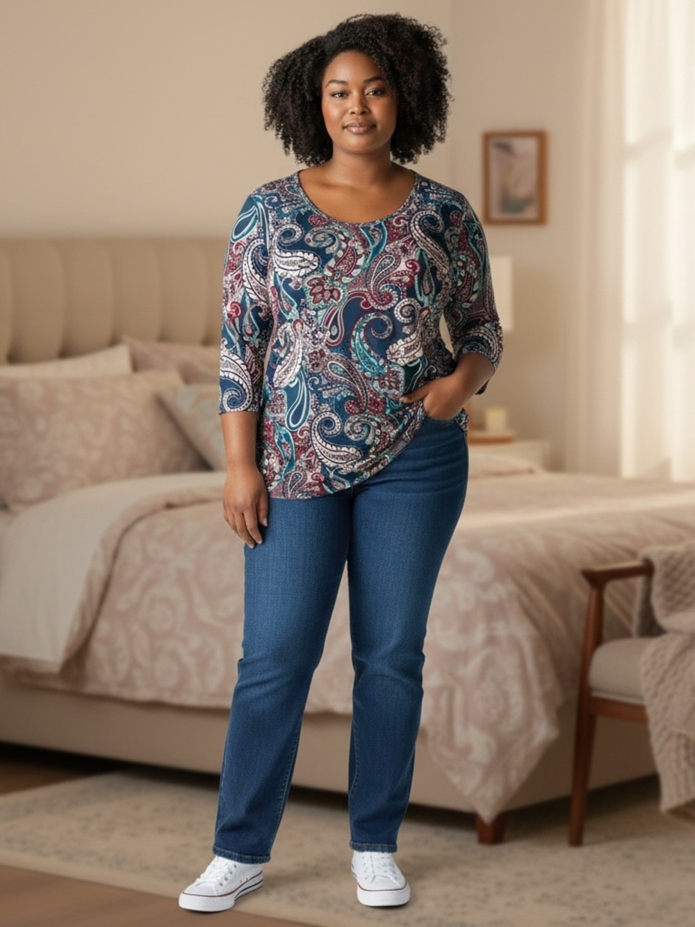 Plus-Size Paisley Scoop Neck Tunic - Navy/Multi